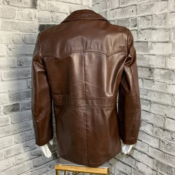 Vintage 70s Chocolate Brown Disco Leather Jacket Retro Mod Trench Coat - Picture 3 of 13